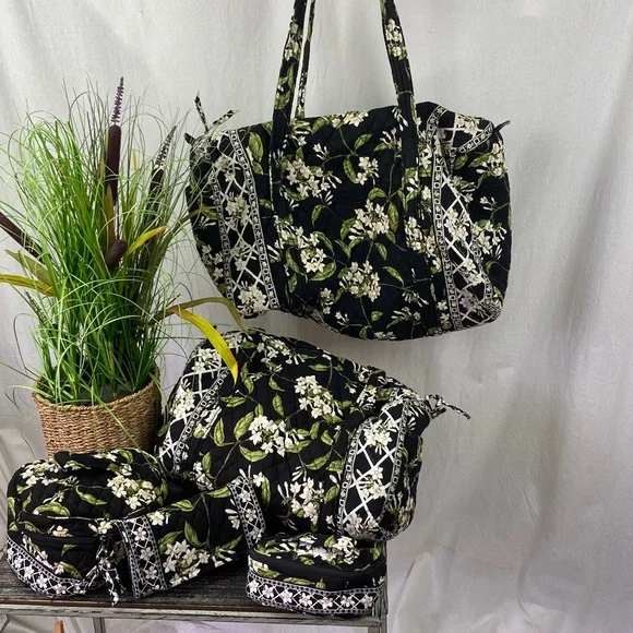 Vera Bradley SET of 5 Black Green & White Floral Quilted Travel Weekend Bags - Picture 1 of 11